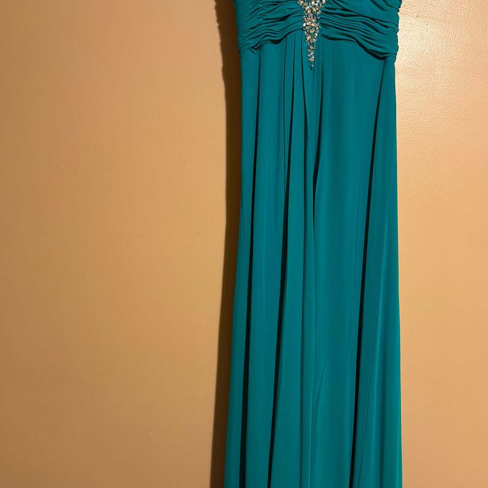 Blondie Nites Teal Ruched Rhinestone Sweetheart Strapless Prom Gown JR SZ11